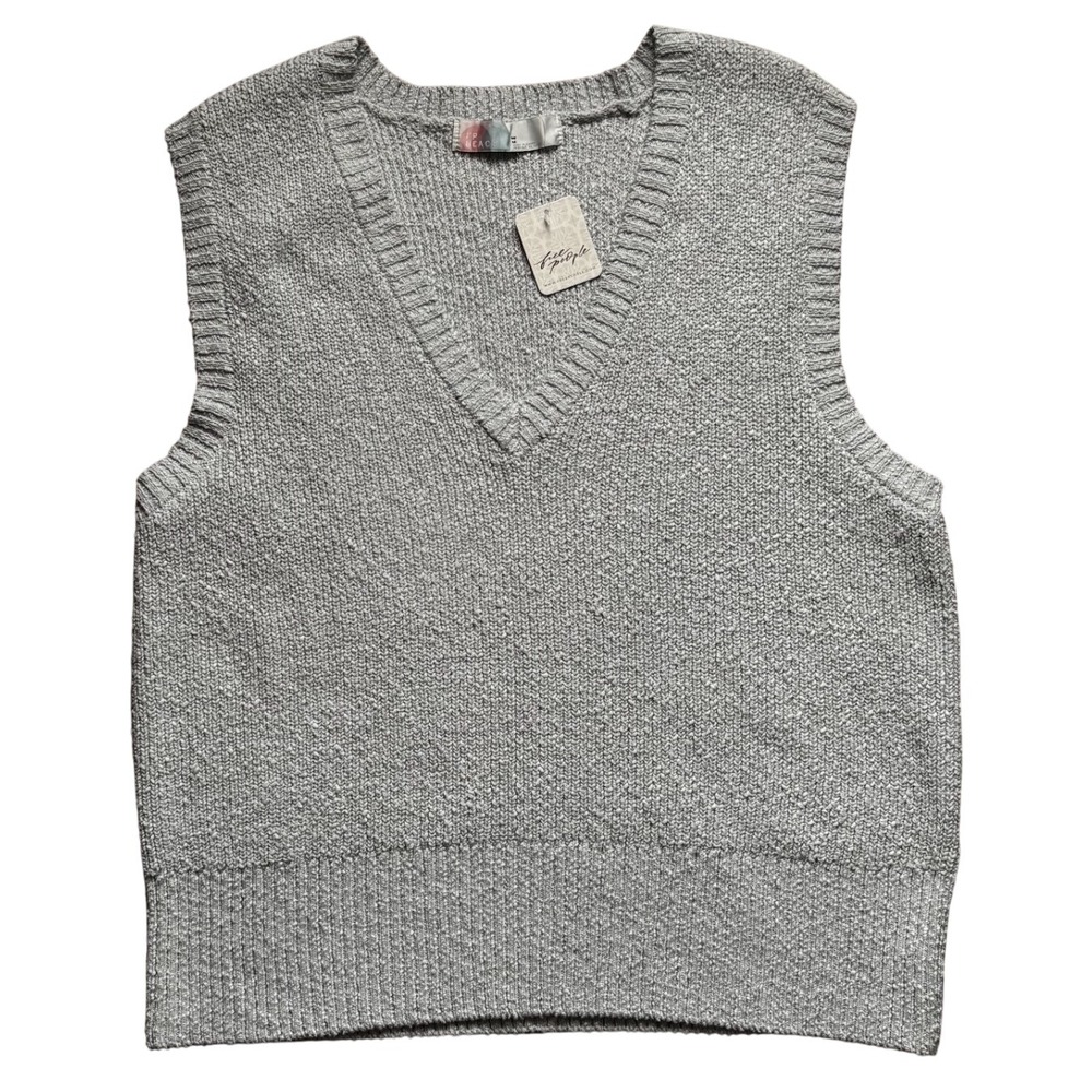 Free People FP Beach NWT Grey Pebble Combo V-Neck Knit Sweater Vest  Medium